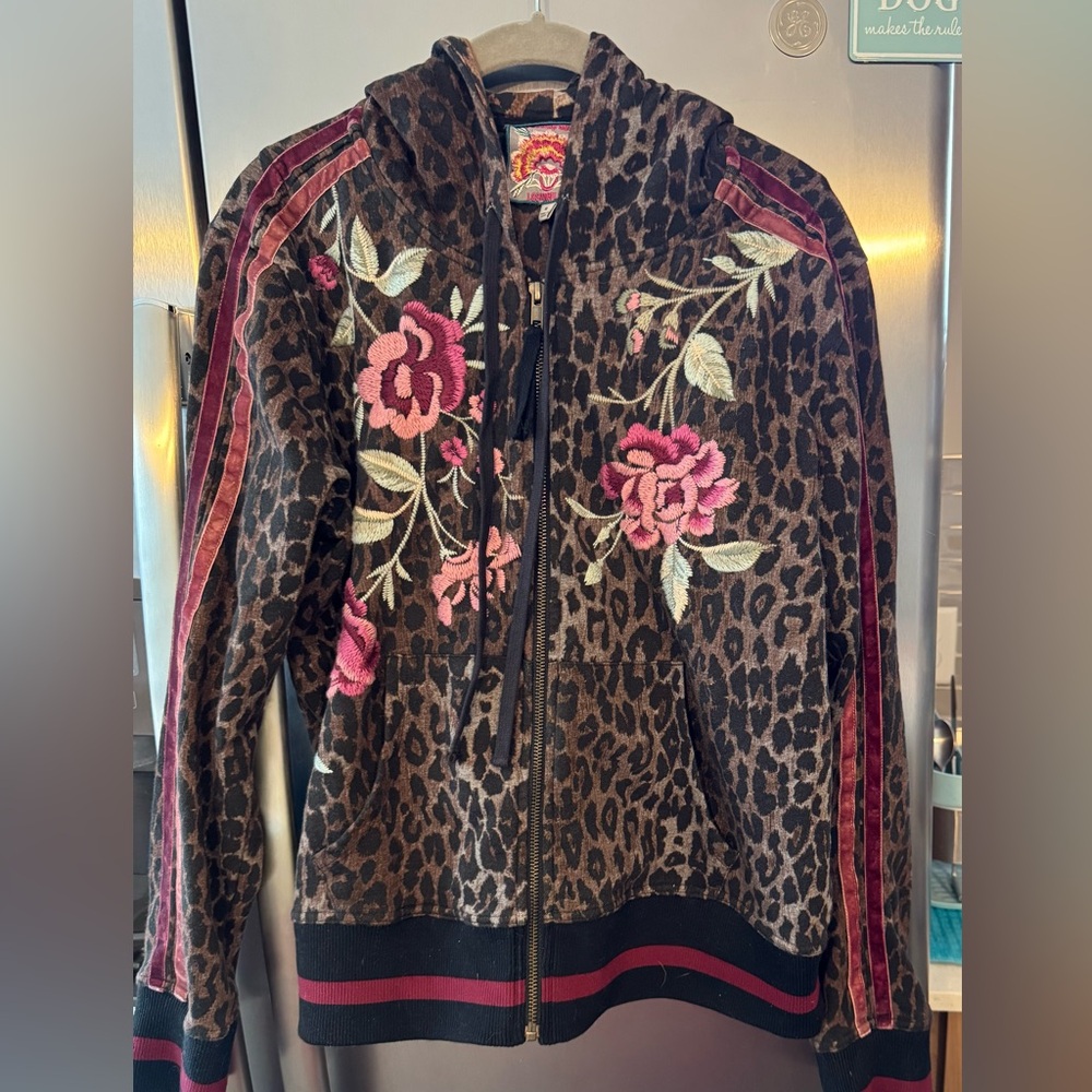 Johnny Was Erin Embroidered Leopard Print Zip Up Hoodie Jacket Sz M